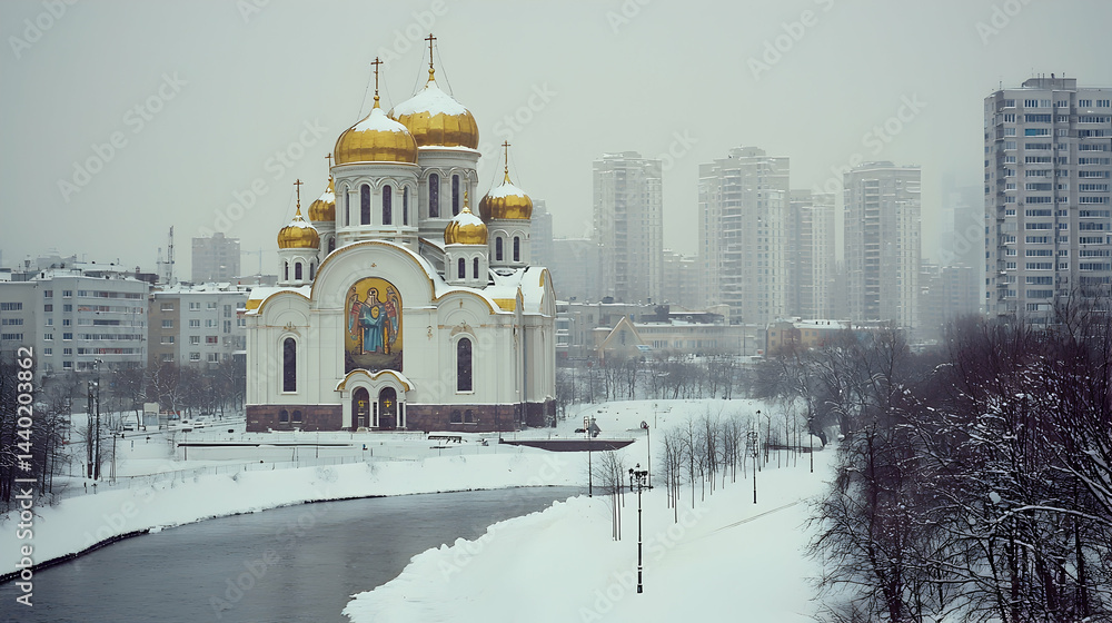 Obraz premium Stunning Winter Scene of a Church with Golden Domes and Urban Background