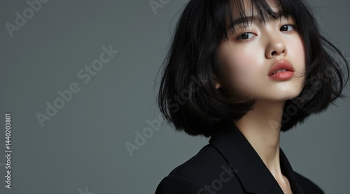 A stylish young woman with short black hair poses confidently against a neutral background.