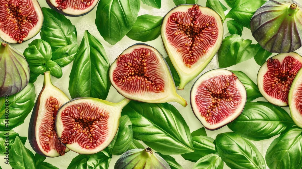 Fresh fig halves with basil leaves on bright background, food concept Fresh fig halves with basil leaves on bright background, food concept