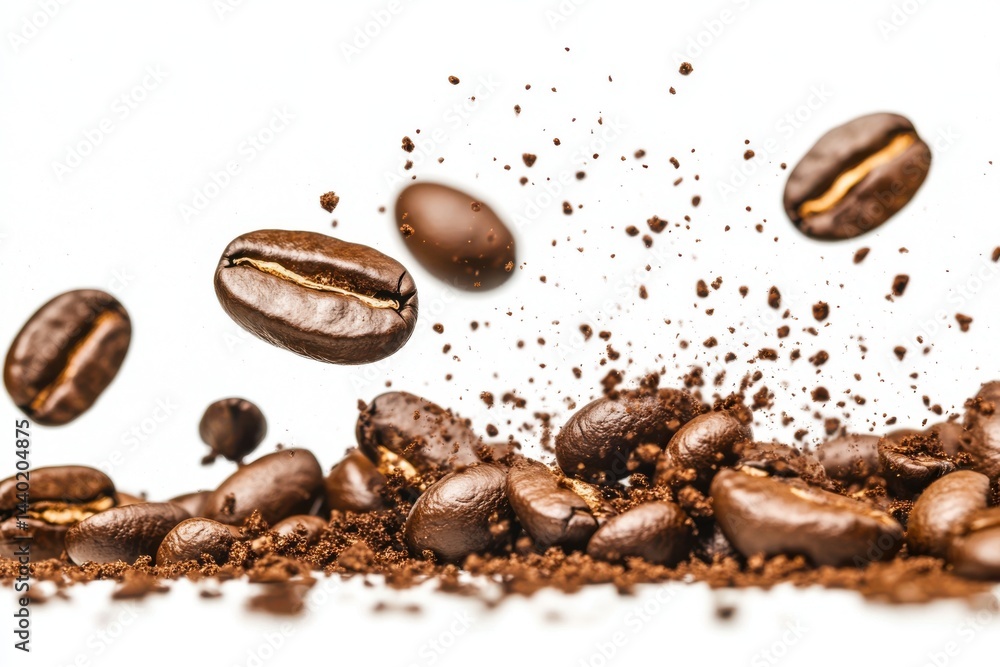 A close up shot of falling coffee beans and ground coffee on a bright white background surface area A close up shot of falling coffee beans and ground coffee on a bright white background surface area