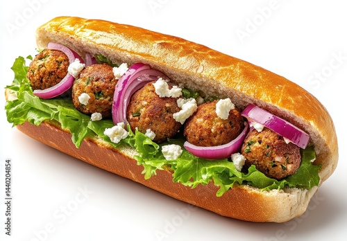 Delicious vegetarian sandwich with crispy falafel, fresh lettuce, red onion slices, and creamy feta cheese in a soft sub roll on a white background.