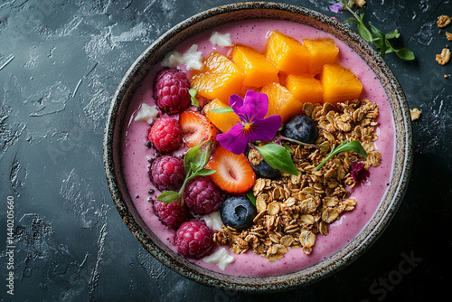 Wallpaper Mural Healthy green smoothie bowl topped with bananas, berries, melon, and oats Torontodigital.ca
