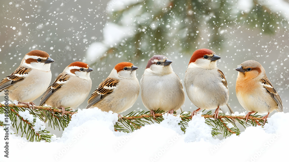 Charming Sparrows in Winter Snow on Evergreen Branch Charming Sparrows in Winter Snow on Evergreen Branch