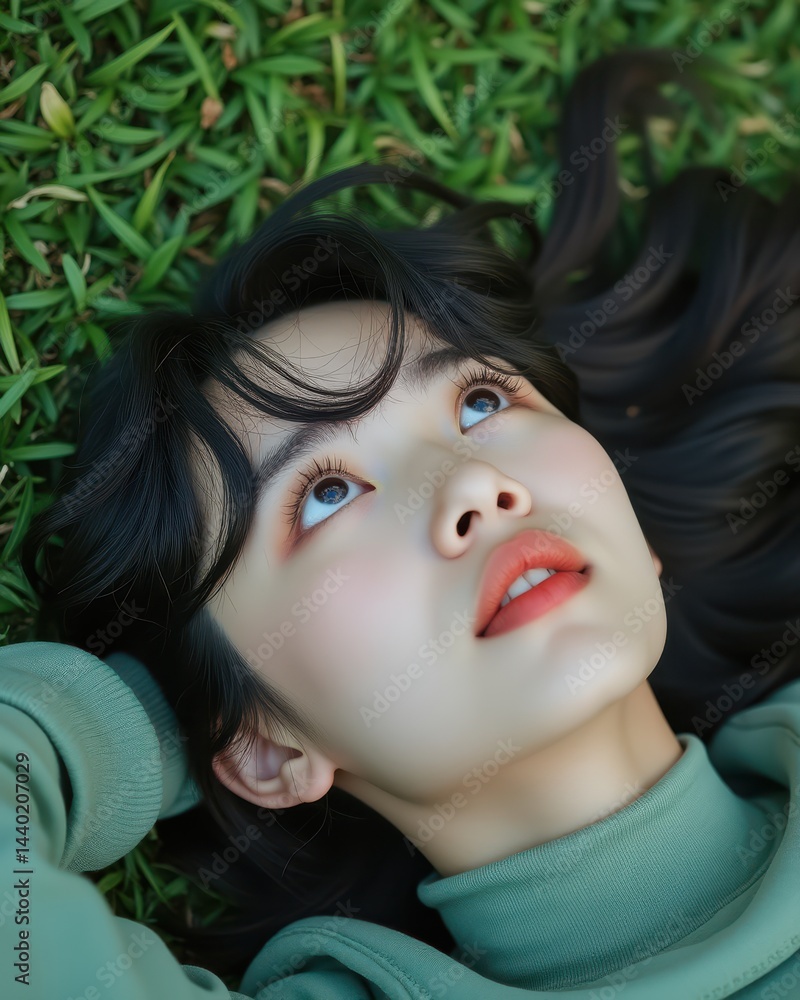 A young woman with dark hair lies on green grass, gazing thoughtfully upward with a serene expression.