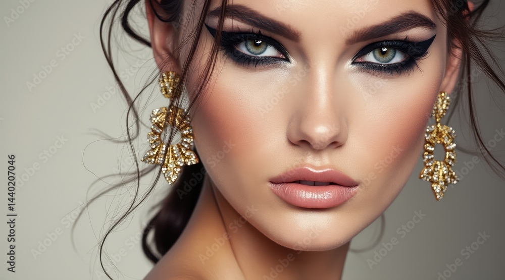 Close-up portrait of a woman with dramatic makeup, striking green eyes, glossy lips, and ornate gold earrings.