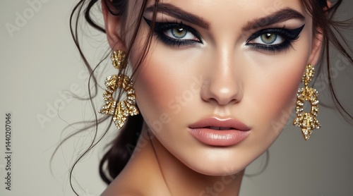 Obraz na płótnie Close-up portrait of a woman with dramatic makeup, striking green eyes, glossy lips, and ornate gold earrings. w salonie