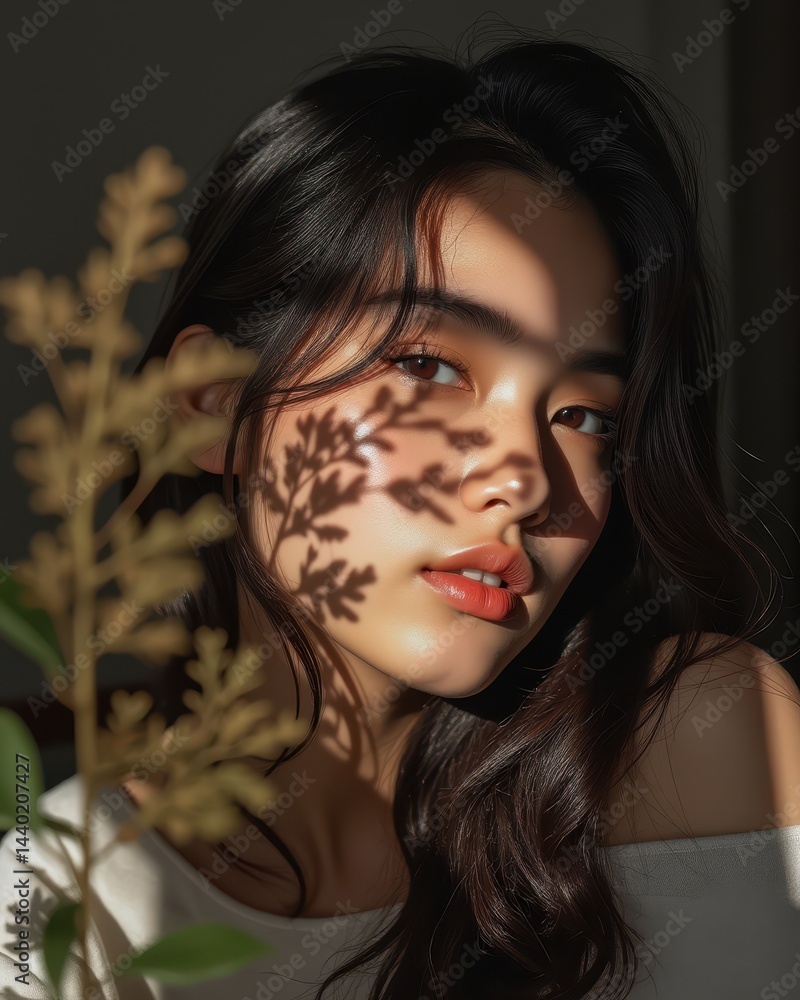 A young woman with long dark hair gazes at the camera, her face beautifully lit with sunlight and plant shadows.