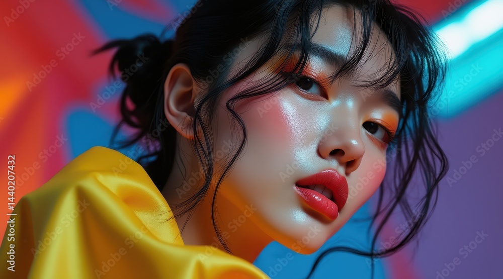 A young woman with glossy makeup and vibrant lighting poses against a colorful, artistic background.