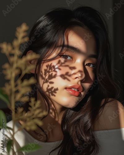 A young woman with long dark hair gazes at the camera, her face beautifully lit with sunlight and plant shadows.