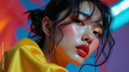 Obraz na płótnie A young woman with glossy makeup and vibrant lighting poses against a colorful, artistic background. w salonie
