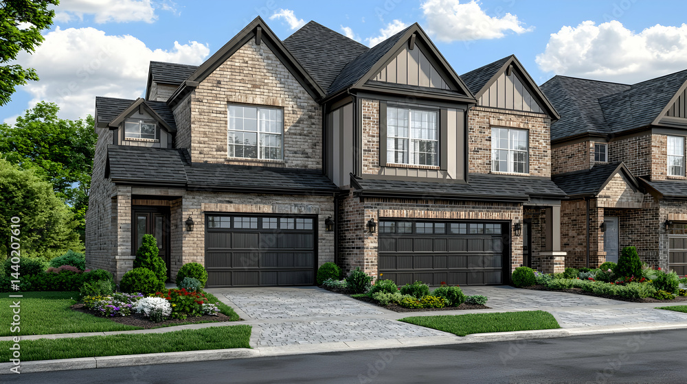 Modern Suburban Two-Story House with Stone and Brick Exterior Design Modern Suburban Two-Story House with Stone and Brick Exterior Design