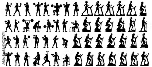 Diverse silhouettes showcase dedication to fitness activities and gym exercises routine progression