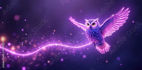 Obraz na płótnie A glowing purple owl with outstretched wings soars through a magical, sparkling night sky with a trail of light. w salonie