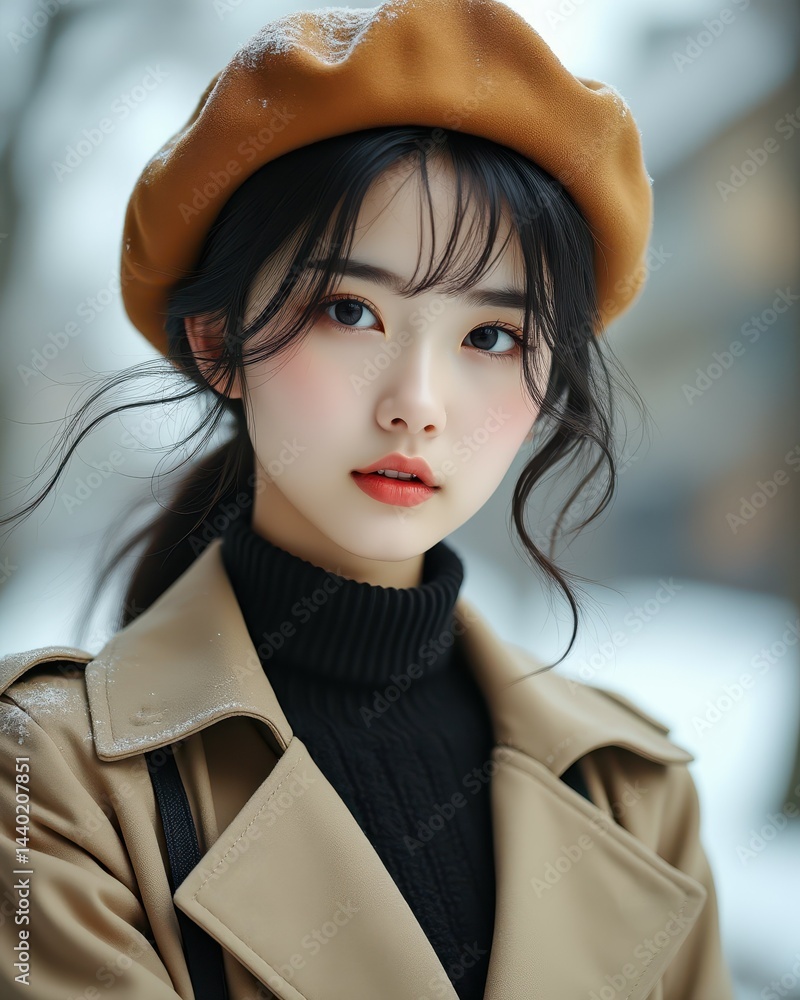 A young woman in a tan coat and beret stands outdoors in winter, with snow softly falling around her.