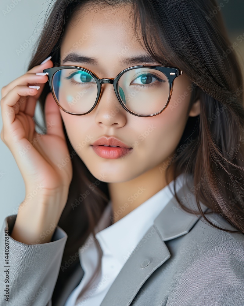 A confident young woman in glasses and a blazer looks directly at the camera with a thoughtful expression.