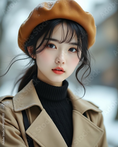 Obraz na płótnie A young woman in a tan coat and beret stands outdoors in winter, with snow softly falling around her. w salonie