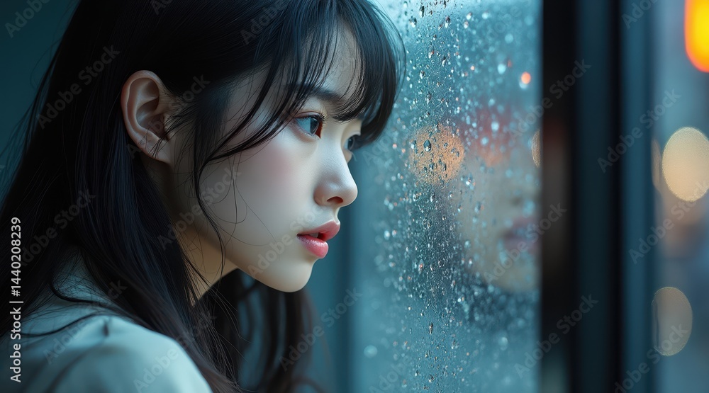 A young woman gazes thoughtfully out a rain-speckled window, her reflection visible in the glass, evoking a mood of contemplation.