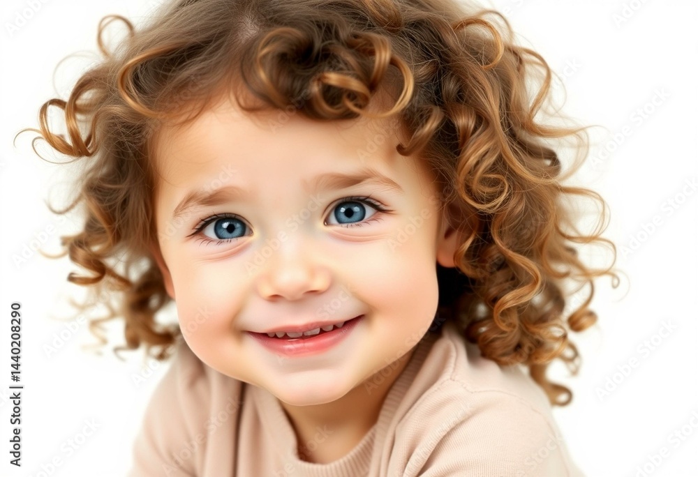 A happy 3-year-old girl with curly brown hair and bright blue eyes sitting on a plain white background A happy 3-year-old girl with curly brown hair and bright blue eyes sitting on a plain white background