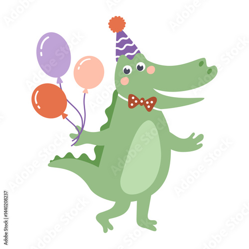 Cute colorful birthday crocodile. Safari animal character. Hand-drawn vector illustration in flat style.