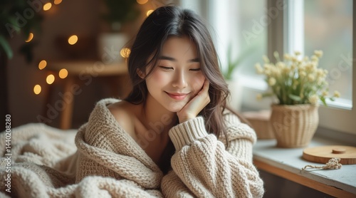 Obraz na płótnie A young woman in a cozy sweater smiles softly, sitting by a window with warm lighting and homey decor in the background. w salonie