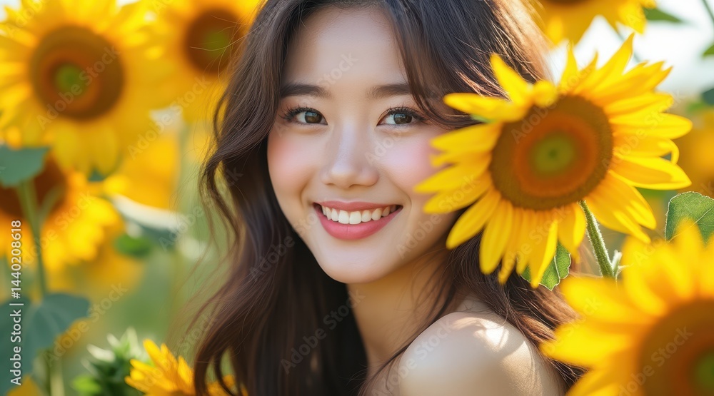 A young woman with long dark hair smiles brightly among blooming sunflowers in a sunlit field.