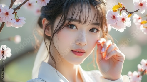 A young woman in soft light poses among blooming cherry blossoms, creating a serene and elegant springtime portrait.