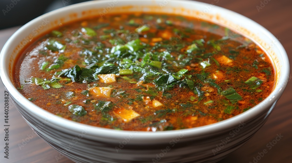 Hearty soup in a bowl on a table Hearty soup in a bowl on a table