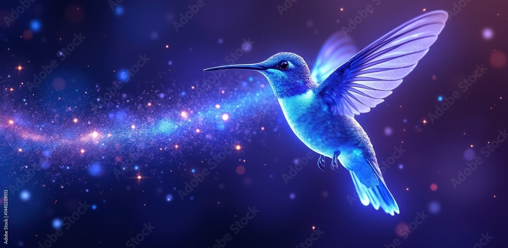 A vibrant blue hummingbird hovers mid-air with glowing sparkles and a dreamy, cosmic background.