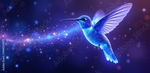 Obraz na płótnie A vibrant blue hummingbird hovers mid-air with glowing sparkles and a dreamy, cosmic background. w salonie