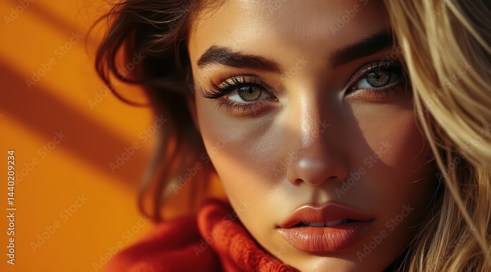 A woman with striking eyes and flawless skin gazes intensely, illuminated by warm sunlight against an orange background.