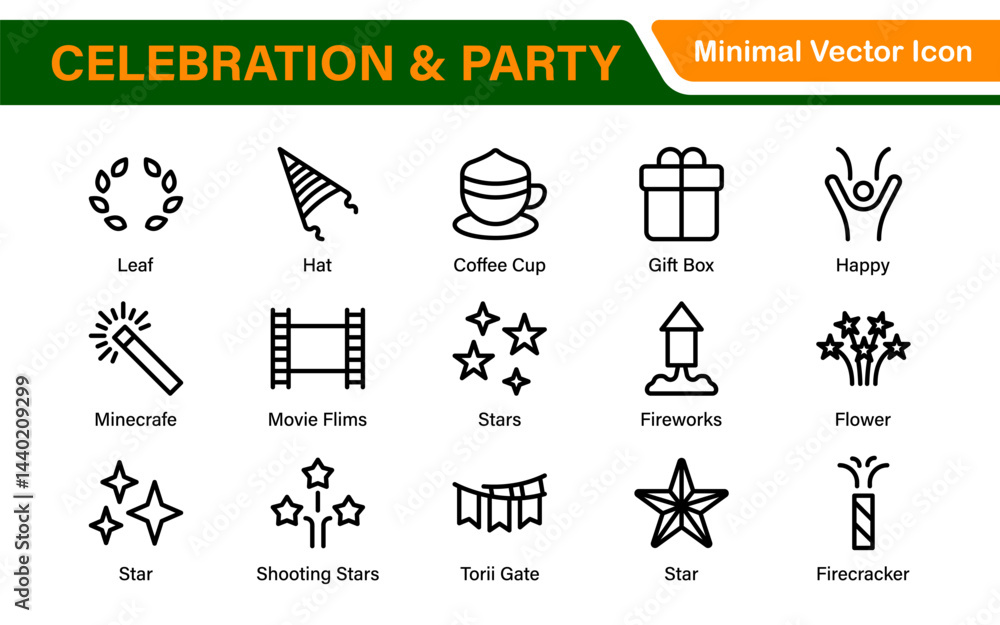 Fototapeta premium Celebration & Party Icons. Vector Icons for Birthdays, Holidays, Festivals, Fireworks, and Event Decorations