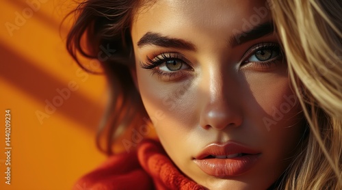 Obraz na płótnie A woman with striking eyes and flawless skin gazes intensely, illuminated by warm sunlight against an orange background. w salonie