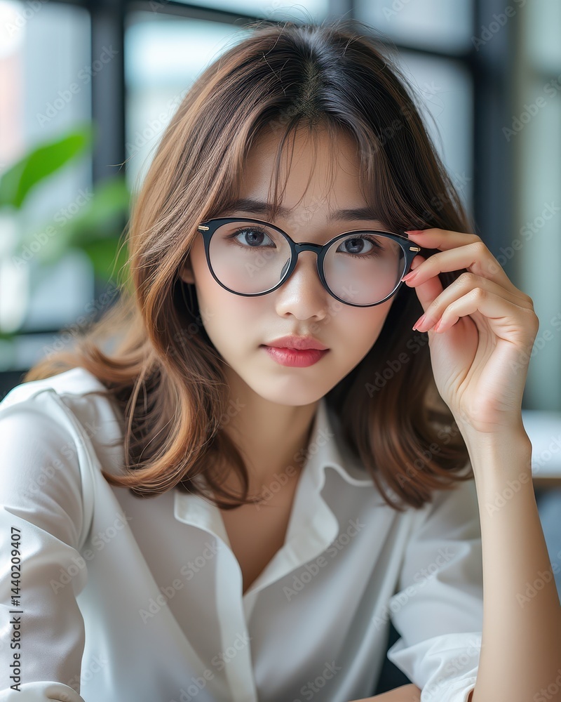 A young woman with glasses and a white shirt looks thoughtfully at the camera in a bright indoor setting.