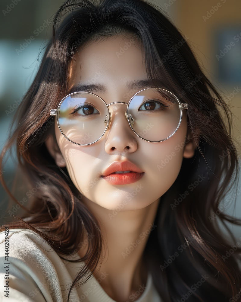 Young woman with wavy hair and round glasses, gazing confidently at the camera in soft natural light.