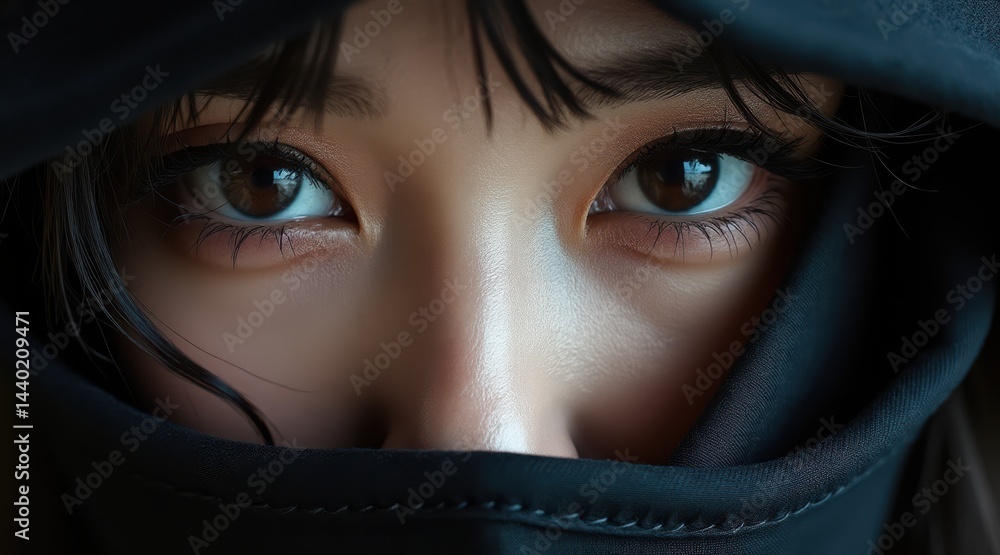 A woman's expressive eyes gaze intensely, partially covered by a black fabric.