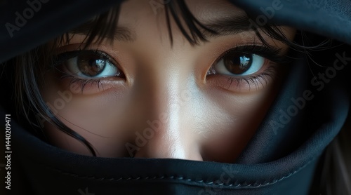 Obraz na płótnie A woman's expressive eyes gaze intensely, partially covered by a black fabric. w salonie