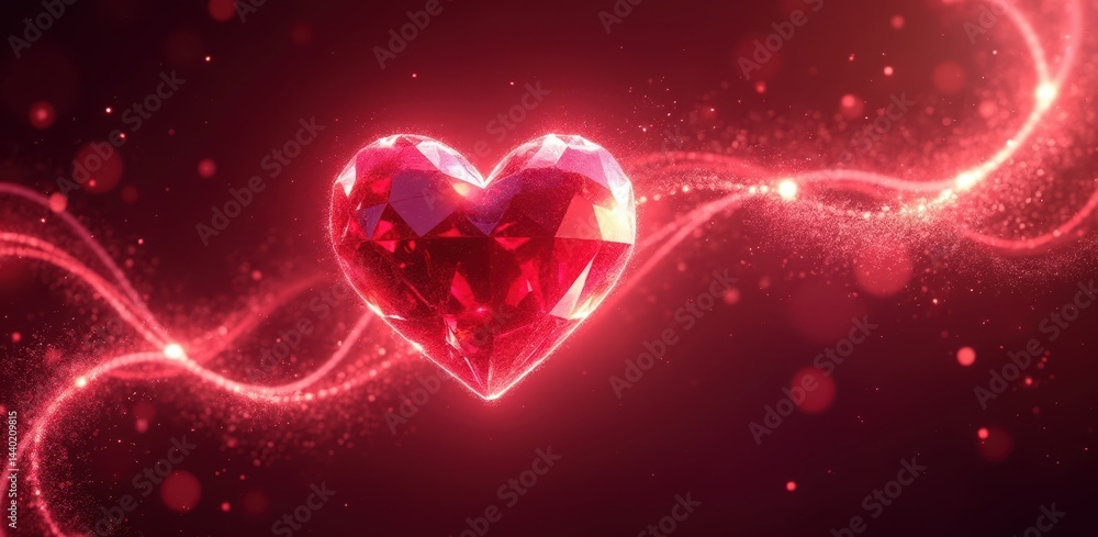A glowing, faceted red heart floats against a sparkling, vibrant background with swirling light trails.