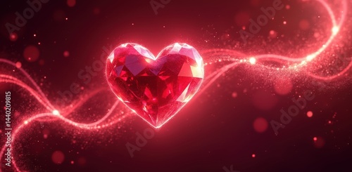 Obraz na płótnie A glowing, faceted red heart floats against a sparkling, vibrant background with swirling light trails. w salonie