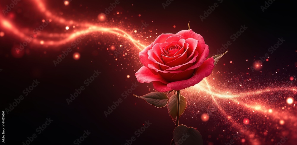 A vibrant red rose glows against a dark background, illuminated by sparkling, swirling light trails for a magical effect.