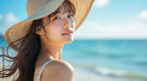 Obraz na płótnie A young woman in a sunhat smiles on a bright, sunny beach with the ocean in the background. w salonie