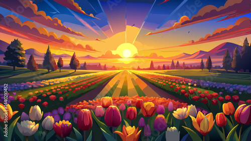 Very beautiful Vibrant sunset over a tulip field with golden hour lighting casting a warm glow over colorful spring flowers in a picturesque natural setting