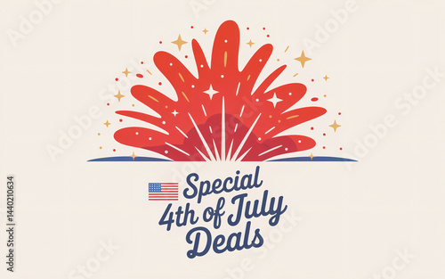 Fourth of July deals: Fireworks and American flag as a vibrant, patriotic advertisement, a colorful announcement promoting special offers and discounts for the celebratory holiday.