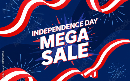 Independence Day Mega Sale: Celebrate freedom and savings with a vibrant visual designed for the ultimate mega sale, featuring dynamic ribbons and a burst of fireworks.