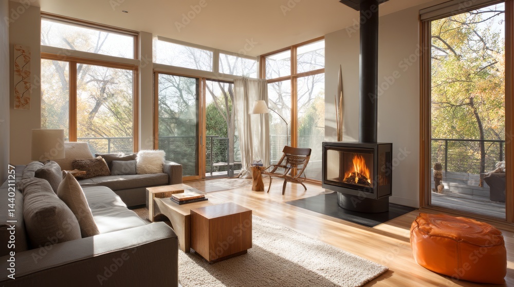 a cozy living room with a fireplace and large windows, providing natural light and a view. a cozy living room with a fireplace and large windows, providing natural light and a view.