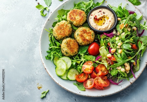 Fresh and Colorful Healthy Salad with Crispy Veggie Patties and Creamy Dip on a Light Grey Background Perfect for Nutrition and Culinary Photography