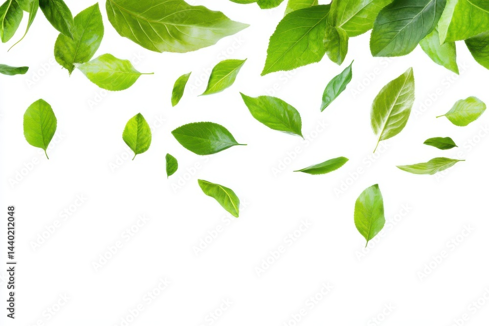 Scattered green leaves on a white background creating a fresh and natural aesthetic composition Scattered green leaves on a white background creating a fresh and natural aesthetic composition
