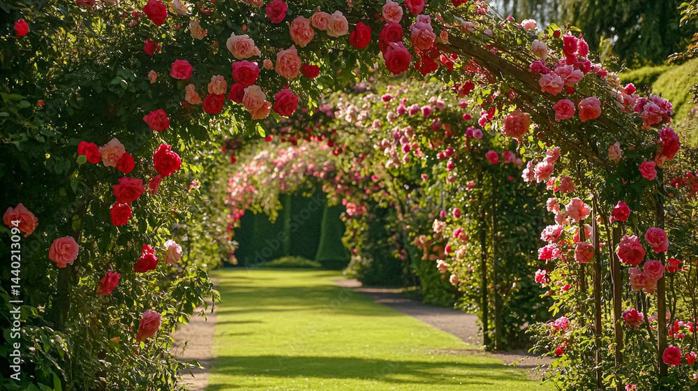 Obraz premium English rose garden, elegant floral archways, and serene countryside landscapes. Timeless charm, pastel hues, and romantic beauty create an enchanting outdoor retreat idea