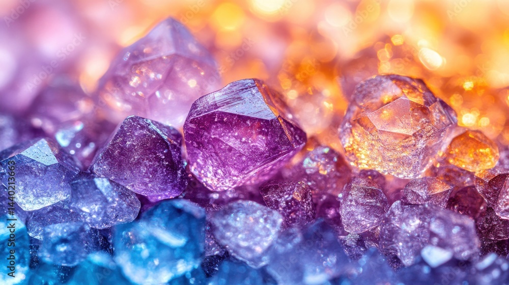 Sparkling, purple and orange crystal cluster close-up view Sparkling, purple and orange crystal cluster close-up view