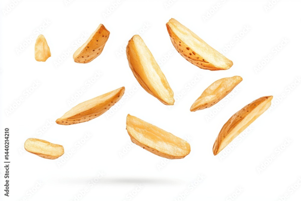 A simple arrangement of potato wedges scattered on a plain white background in a food photography style A simple arrangement of potato wedges scattered on a plain white background in a food photography style
