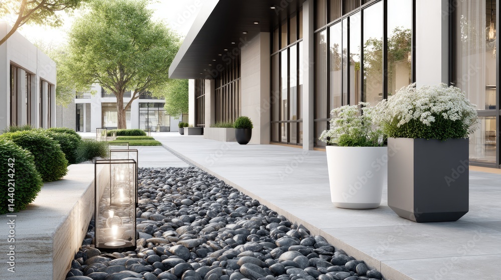 Beautifully arranged stone pavers and pebble gravel enhance a minimalist garden with greenery and white flower pots